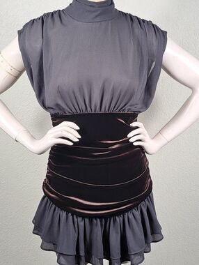 Zara Mesh Velvet Ruched Mini Birthday Dress M Dark Gray Brown Ruffle Hem